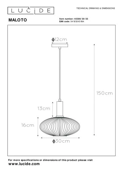 Lucide MALOTO - Suspension - Ø 30 cm - 1xE27 - Vert - technique